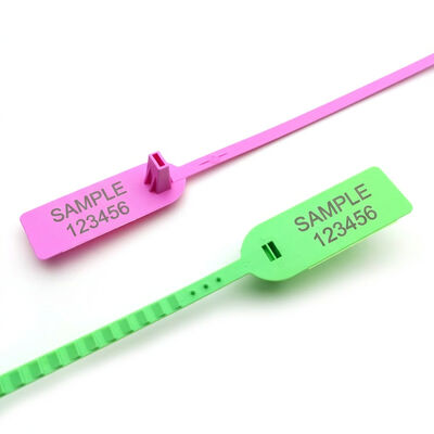 334 N (34.1 KG) Resistencia a la tracción Sello de seguridad de plástico de 342 mm de longitud total e impresión láser para envases a prueba de alteraciones